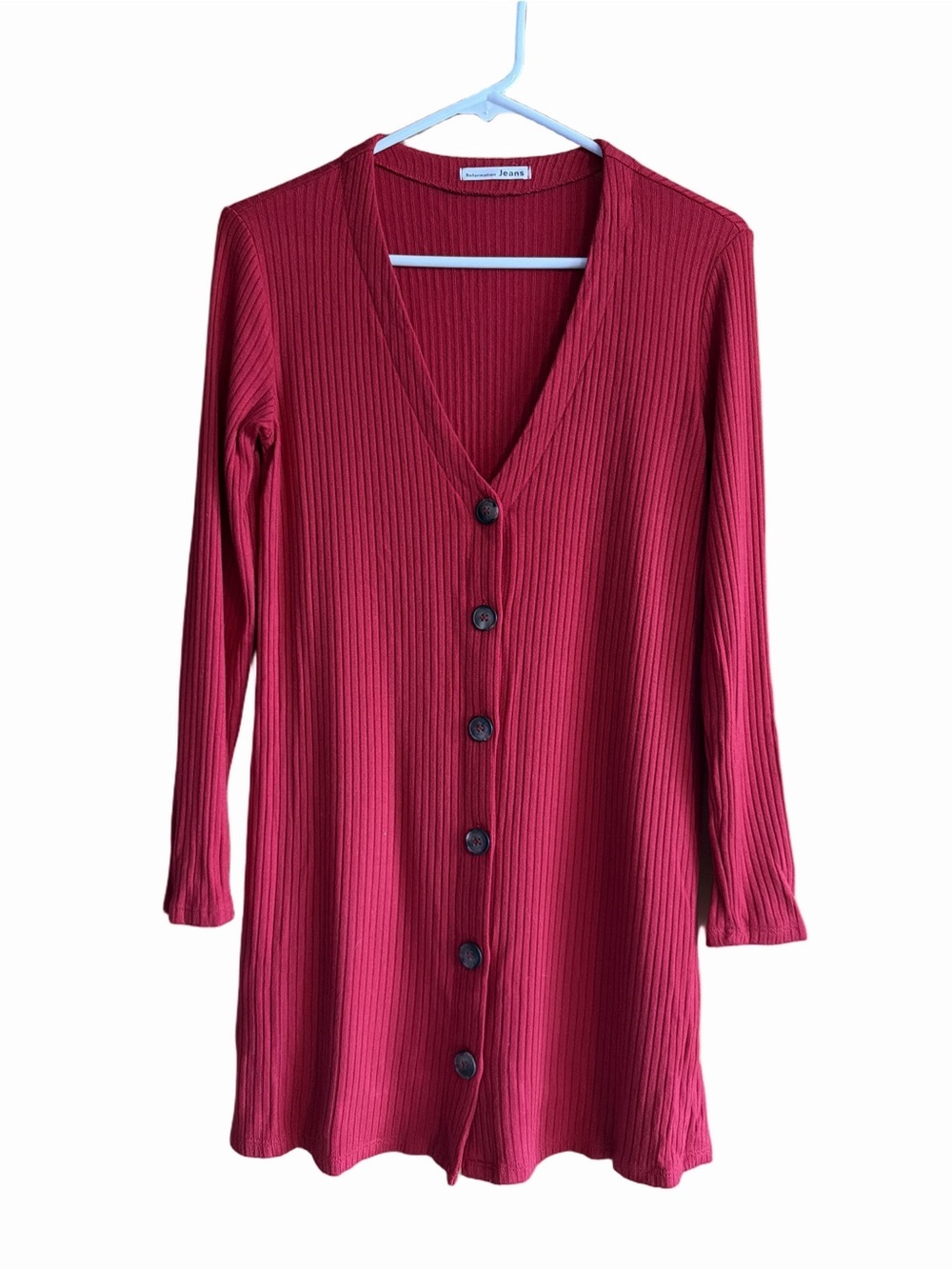 Reformation Agatha Bright Red Ribbed Long-Sleeve Mini Dress Size Small - Picture 2 of 8